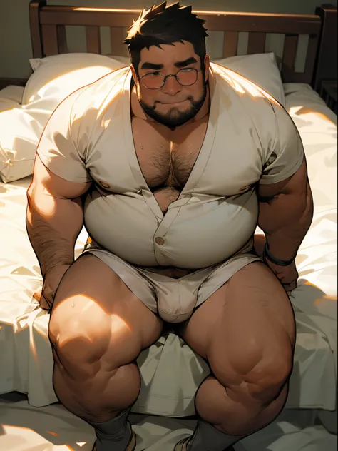 ​masterpiece,top-quality, ‎8k, nursery in japan, fat uncle is sitting and M legs on bed, hands holed pee, geezer, Short legs, bowleg, bare legs, shirtless, wearing a white thong, shy, Fat Man, glasses, Black-haired man, Man with big face, Round face, Sweat...