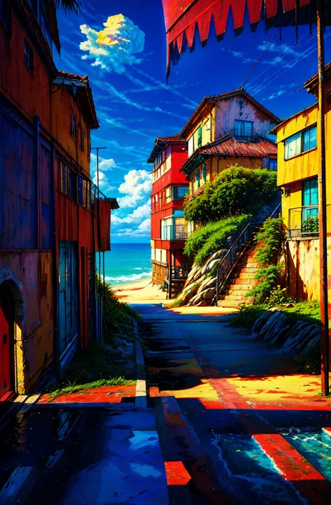 (masterpiece:1.2), (aesthetic:1.2), (best quality:1.2), (absurdres:1.2), ultra detailed, ray tracing, cloud, blue sky, outdoors, ocean, beach, boardwalk, scenery, summer, retro artstyle, 1990s (style)