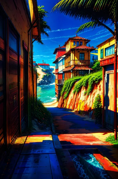 (masterpiece:1.2), (aesthetic:1.2), (best quality:1.2), (absurdres:1.2), ultra detailed, ray tracing, cloud, blue sky, outdoors, ocean, beach, boardwalk, scenery, summer, retro artstyle, 1990s (style)