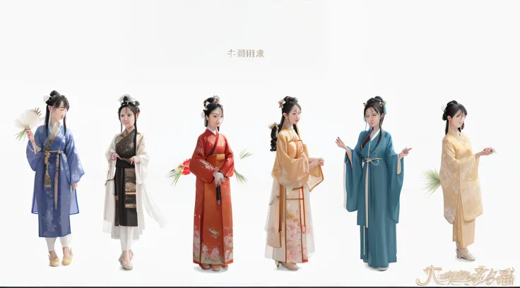 Several women wearing traditional Chinese clothes stand in a row, Wearing ancient Chinese clothes, clothing design, Hanfu, 宮 ， A girl in Hanfu, TRADITIONAL CHINESE COSTUMES, costume design made with love, clothing design, ancient china art style, tradition...