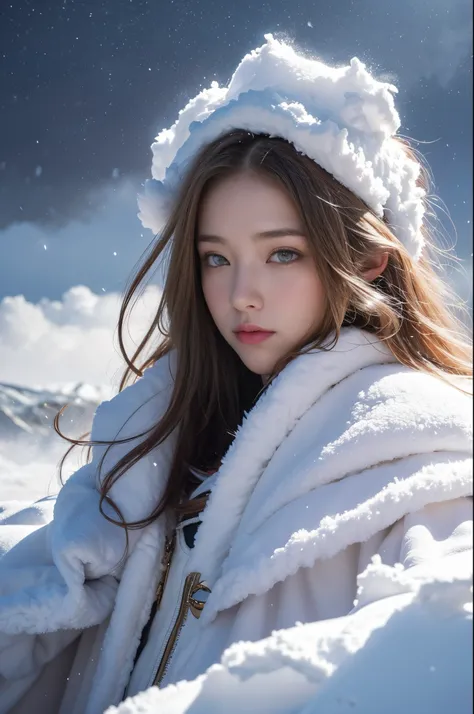 Cloak made of exploding snow clouds, girl， author：Mark Mann, Volop, albrecht durer, Volop, soft wet color, intricately details, Amazing, firey, smokes, The beautiful, Cloudy, Fluffy, static charge, Snowy Land, An artistic masterpiece by the head of real-ti...