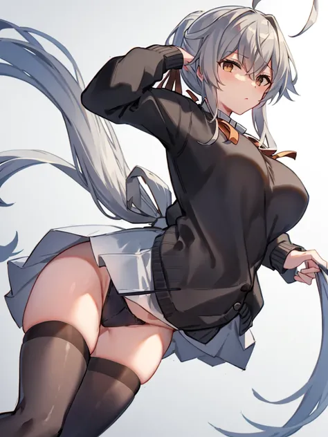 kantai_collection hayanami_(kancolle) 1girl ahoge alternate_costume clothes_pull grey_hair grey_thighhighs hair_ribbon no_panties one-hour_drawing_challenge ponytail ribbed_sweater ribbon short_hair sidelocks simple_background solo sweater sweater_pull thi...