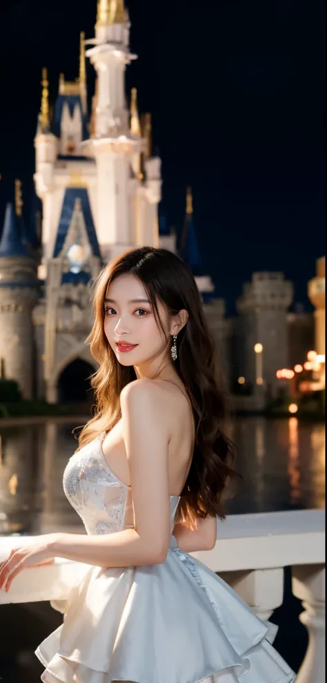 (Lovers 1 Girl), (Colossal tits:1.3),175 cm, Disney land、Cinderellas Castle、background of night view:1.4,The fountain、(Looking at the camera:1.2)、 ((Grab the viewers hand)), (​master piece: 1.3), (max resolution: 1.4), (UltraHD: 1.2), cinematric light, Ult...