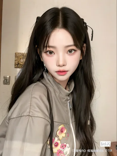 arafed asian woman with long hair wearing a gray jacket and a necklace., ulzzang, blackpink jennie, chica coreana, peinado de co...