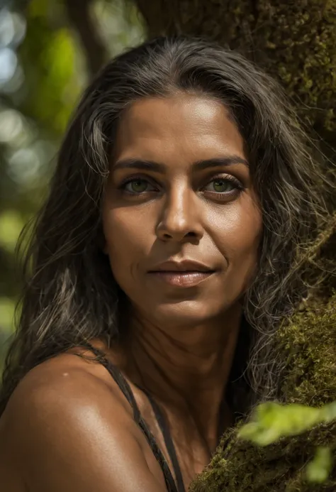 Sem censura, retrato de Uma linda mulher, 50 anos. Da Pele bronzeada, cabocla, longos cabelos pretos, lisos na altura das costas, olhos verde claros, Fringe of Amazonian India, olhos ocidentais, olhos verdes, cintura fina, quadril bem largo e torneado, bun...