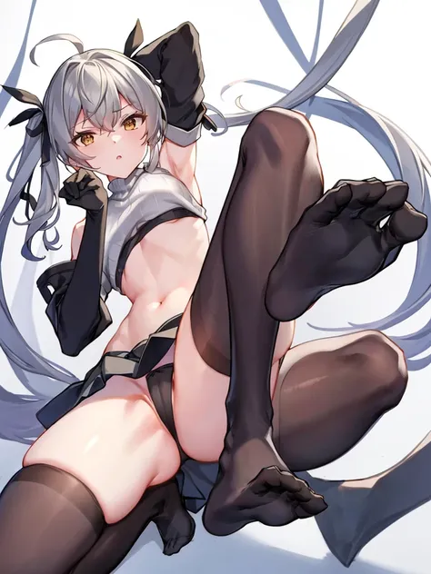 kantai_collection hayanami_(kancolle) 1girl ahoge alternate_costume clothes_pull grey_hair grey_thighhighs hair_ribbon no_panties one-hour_drawing_challenge ponytail ribbed_sweater ribbon short_hair sidelocks simple_background solo sweater sweater_pull thi...