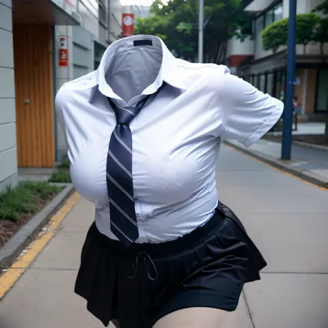 (chubby, fat), collared shirts, white shirts, blue stripe tie, school, short skirt, dark grey skirt, school tie, (Running:1.4) (invisible, no humans, headless, faceless:1.5), (cute big breasts), (close-up shot of breasts), photon mapping, radiosity physica...