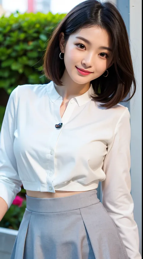 Best-quality, Masterpiece, Ultra-High-Resolution, (Photorealistic:1.4), Raw-Photo, Extremely-Details, Perfect-Anatomy, 1girl, the most popular Japanese actress, dynamic pose, (upturned butt wearing tight-skirt, wearing white blouse and light gray jacket an...