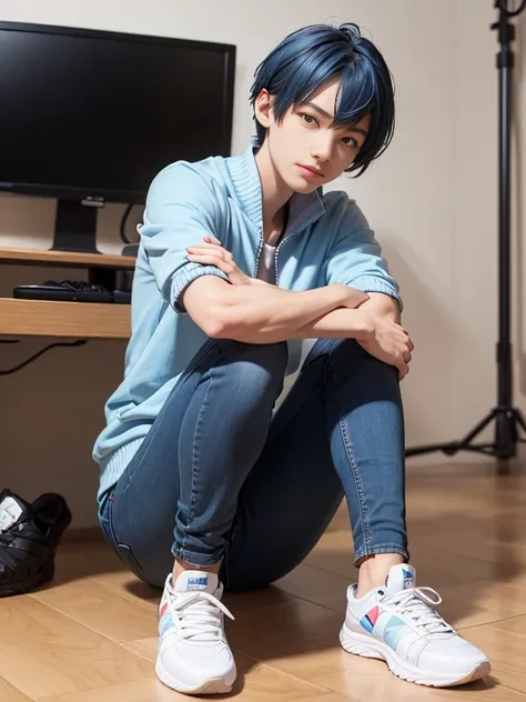 Best Quality: 1.0), (超A high resolution: 1.0), Anime Boy, short royal blue hair, Green eyes, Grey Zip-Up Jacket, Nintendo T-shirt, slight smile, Long Blue Jeans Pants, Blue and white tennis shoes, Sit in front of the computer and play games, background in ...