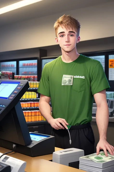 White Stoner male gas station employee working the night shift behind the cash register with green shirt