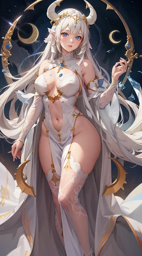 One in a white dress、Close-up of horned woman, goddes. extremly high detail, Very detailed shot of the goddess, anime goddess, Wop&#39;s Art, Wop Ross Draw, wop art, Heavenly Goddess, lunar goddess, Very detailed artistic germ, lunar goddess, Volop | Art g...