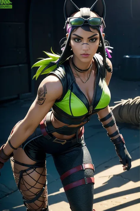 jungle battlefield，Black twist braid，green sunglasses，Middle Eastern face shape，Thin lips，Bright green loose fishnet combat uniform，Black non-slip gloves，Open the chest，Expose the lower half of the breast，Breast areola,Female,Renegade_Lynx, Tail, female fo...