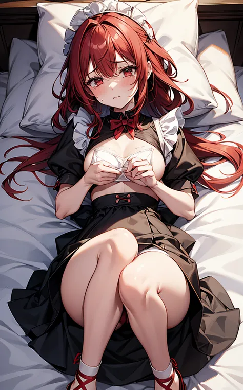 NSFW、She has red hair and is wearing a maid outfit.、lying on the bed、While shedding tears、Legs are opened、underwear is pulled down to the ankles、Shy