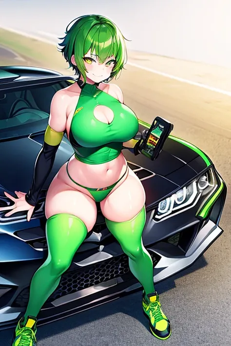 1girl, large breasts, breasts, thick thighs, wide hips, green hair, very short hair, short hair, yellow eyes, bikini, black bikini, neon trim, green neon trim, smile, smirk, smug, futuristic, science-fiction, tech, shoes, sneakers, green neon trim, green t...