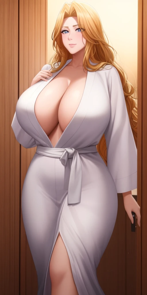 Matsumoto_rangiku, huge_breasts, 1chica, solamente, Afrodita, adornos para el cabello, flores en el cabello, pechos enormes, cuello, pulseras doradas, obra maestra, mejor calidad, colores vibrantes, NSFW, oversized gigantic breast, Mujer completamente madu...