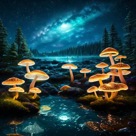 super high quality, 8k, RAW photo, realistic, detailed and delicate depiction and flashy and dynamic painting method, on a freezing cold night, bioluminescent mushrooms create a variety of colors that reflect on the surface of the lake, background starry s...