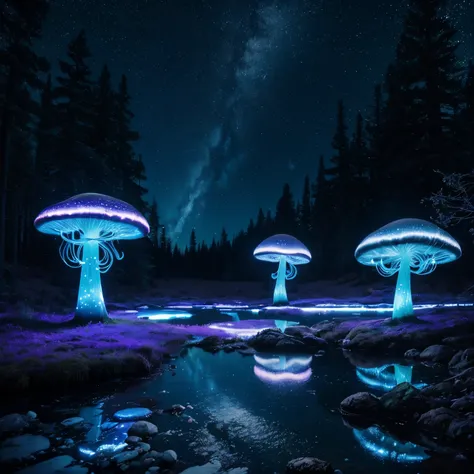 super high quality, 8k, RAW photo, realistic, detailed and delicate depiction and flashy and dynamic painting method, on a freezing cold night, bioluminescent mushrooms create a variety of colors that reflect on the surface of the lake, background starry s...