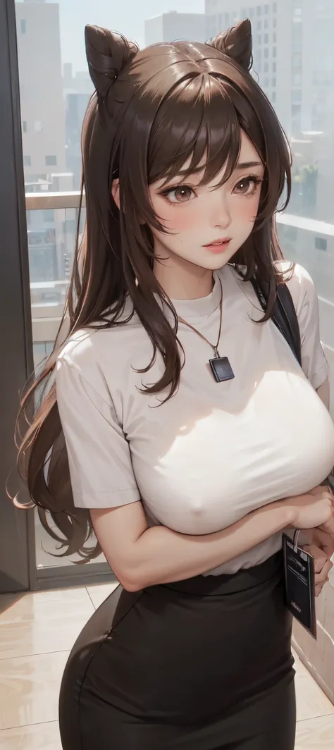 1lady standing, /(casual shirt/) (black pencil skirt:1.1) /(id card lanyard/), mature female, /(brown hair/) bangs, moaning, lips apart, blush, sexy, (masterpiece best quality:1.2) delicate illustration ultra-detailed BREAK /(modern office indoors/), windo...