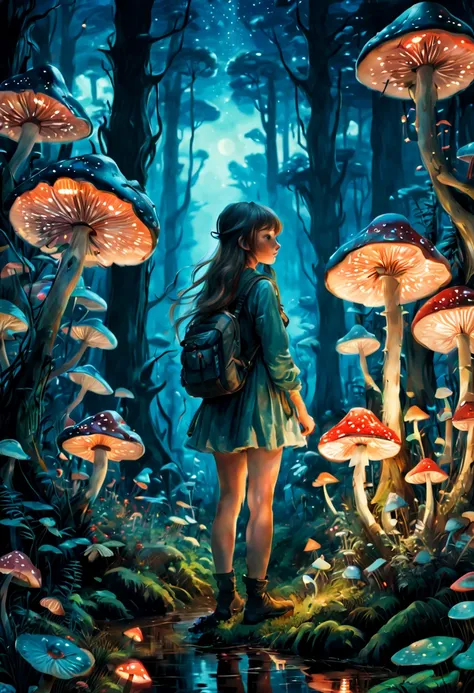 by Claude Monet, Bioluminescent Mushroom forest, night, 1girl, Enhance, intricate, (best quality, masterpiece, Representative work, official art, Professional, unity 8k wallpaper:1.3)