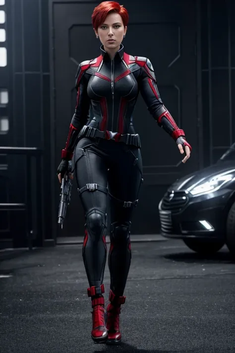 4k highly detailed realistic black widow from Marvel comics, red short pixie cut hair, ((sharp Jawline)), (full body Including Legs), Seduction and fantastic poses