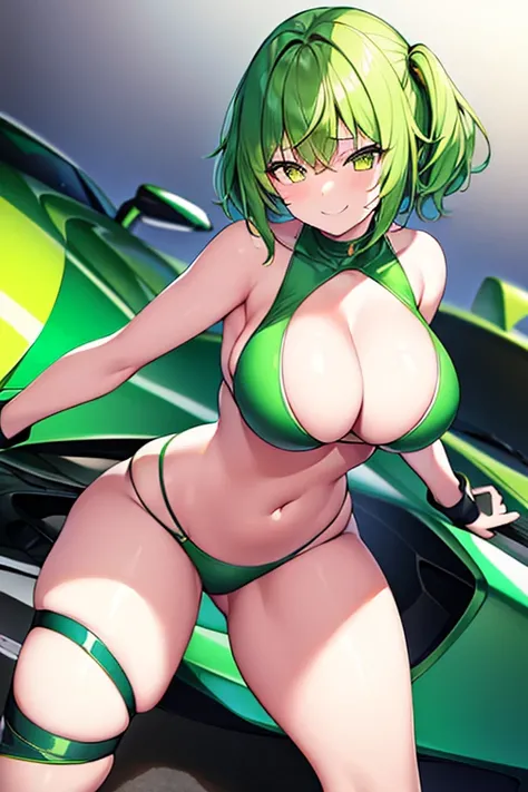 1girl, large breasts, breasts, thick thighs, wide hips, green hair, very short hair, short hair, yellow eyes, bikini, black bikini, neon trim, green neon trim, smile, smirk, smug, futuristic, science-fiction, tech, shoes, sneakers, green neon trim, green t...