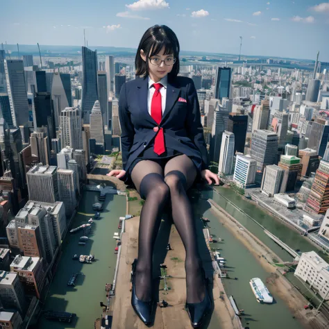 Multiple girls, giantess art, a hyperrealistic schoolgirl, , highly detailed giantess shot, der riese, Shorthair, Black pantyhose, Giant high school girl much bigger than a skyscraper。Wearing rimless glasses。Colossal tits。Navy blue blazer、Red tie、Mini Leng...