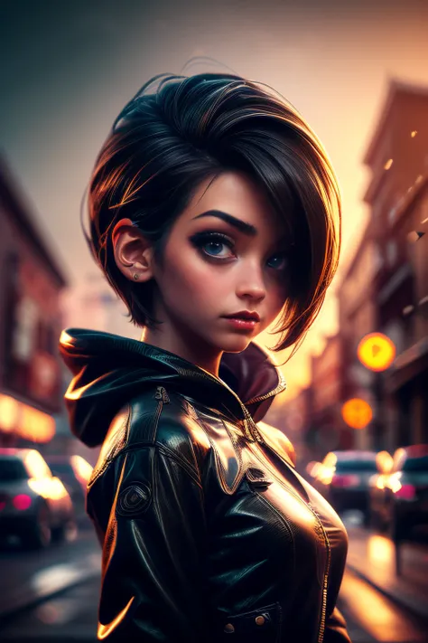 A single beautiful girl with a black cloak, face portrait, empty street . Her hair is dark brown and cut into a short, messy pixie cut. She has large entirely-black eyes!!!. Shes wearing a futuristic gothic jacket, (((face portrait)))