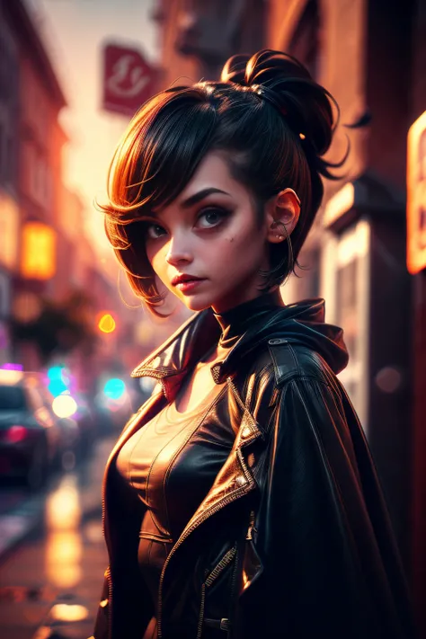 A single beautiful girl with a black cloak, walking through an empty street in style. Her hair is dark brown and cut into a short, messy pixie cut. She has large entirely-black eyes!!!. Shes wearing a futuristic gothic jacket, (((face portrait)))