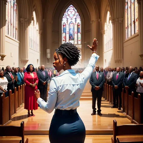 African American woman pastor preaching to congregation. Congregation at the alter crying some of the floor