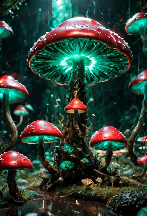 Bioluminescent Mushroom boom, Emerald green, cherry red, champagne, snow, ultra-wide-angle, octane render, enhance, intricate, (best quality, masterpiece, Representative work, official art, Professional, unity 8k wallpaper:1.3)