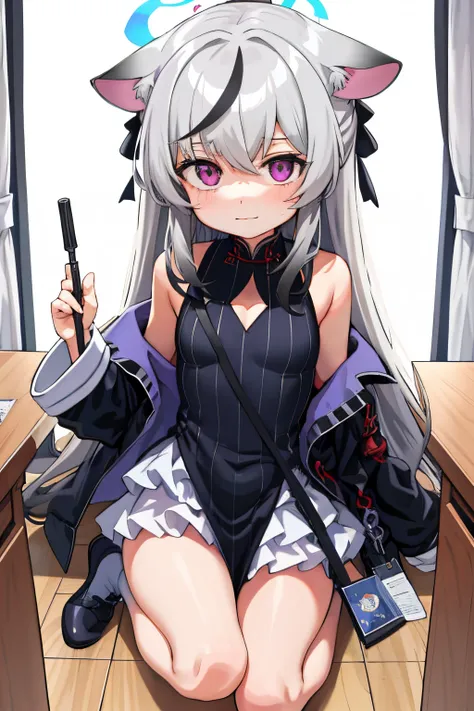 tmasterpiece， best qualtiy， ultra - detailed， 1girll，Gray hair Kokona， inside in room， Purple eye， ：3，the face， closeup cleavage