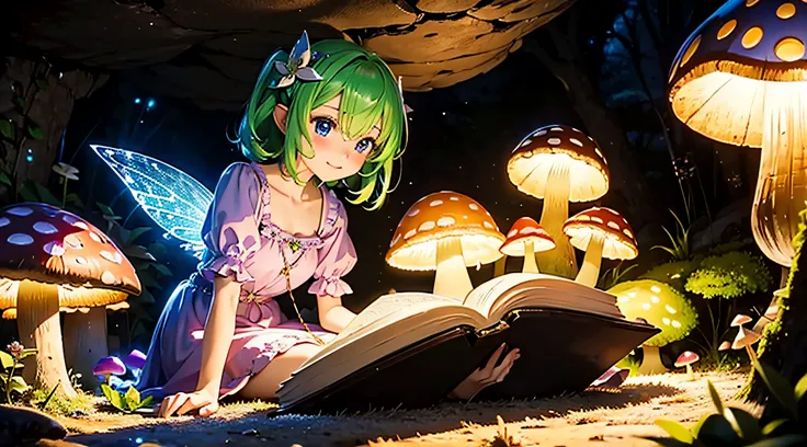 best composition、masutepiece、Fairy reading a book under a glow-in-the-dark mushroom in a cave、Photorealsitic、The ultra -The high-definition、Luminous mushrooms、colorful luminous mushrooms