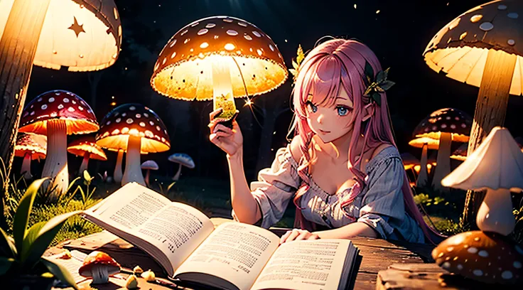 best composition、masutepiece、Fairy reading a book under a glow-in-the-dark mushroom in a cave、Photorealsitic、The ultra -The high-definition、Luminous mushrooms、colorful luminous mushrooms