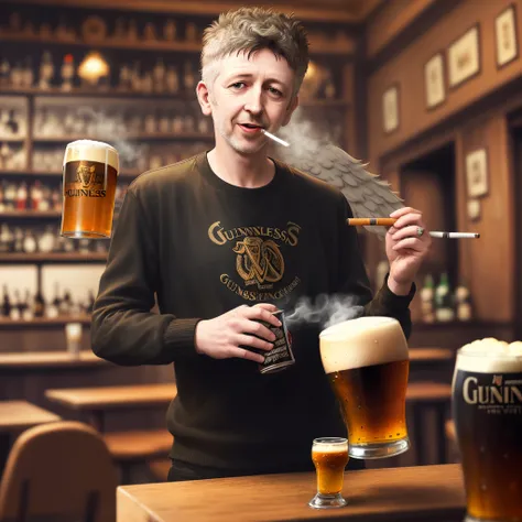 The punk Shane macgowan of the pogues with Angel wings holding a pint of Guinness and a cigarette in an Irish pub surrounded by irish musical instruments vivid