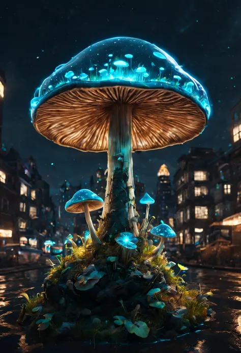 Bioluminescent Mushroom, city, ultra-wide-angle, octane render, Enhance, intricate, (best quality, masterpiece, Representative work, official art, Professional, unity 8k wallpaper:1.3)