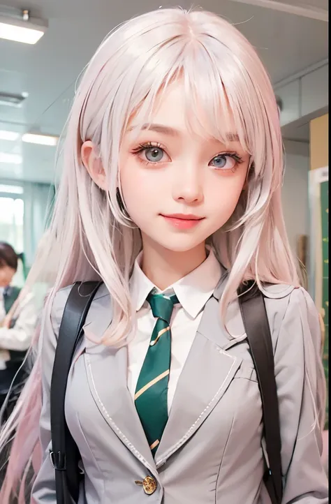 Masterpiece, best quality, 1girl, silver hair, silver eyes, long hair, smile, wear school uniform with tie, detailed face, detailed