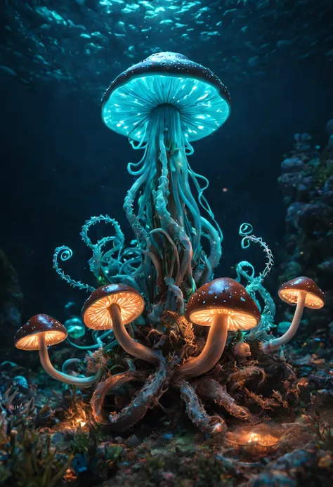 Bioluminescent Mushroom with octopus twine, undersea, ultra-wide-angle, octane render, Enhance, intricate, (best quality, masterpiece, Representative work, official art, Professional, unity 8k wallpaper:1.3)