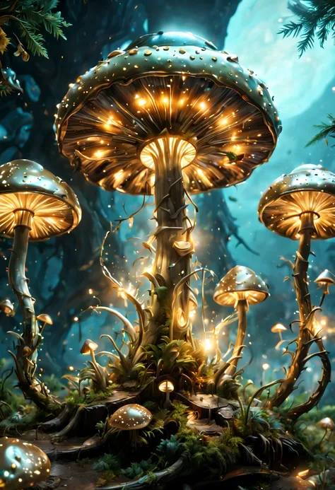 Bioluminescent Mushroom, rocket, sky, Evergreen, champagne gold, bone white, ultra-wide-angle, octane render, enhance, intricate, (best quality, masterpiece, Representative work, official art, Professional, unity 8k wallpaper:1.3)