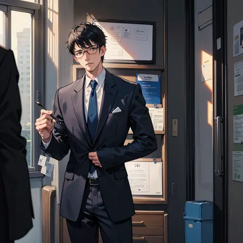 upper body, 1 adult man, Athletic Body, black short hair is all back, glasses, anxiety face, in a blue formal suit, standing, in the office, masterpiece, beautiful detailed grow, ultra high res.