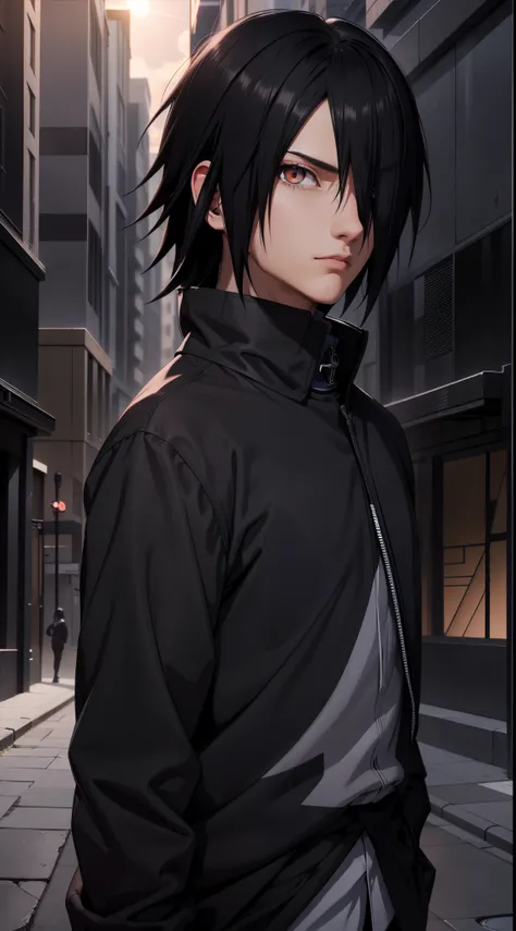 Masterpiece, 1man, Superb Style, Urban Streetwear chothes, Outdoor, Upper Body, Uchiha Sasuke, bright eyes, black hair, cool boy, dinamic lighting, vivid colours, ultra detailed