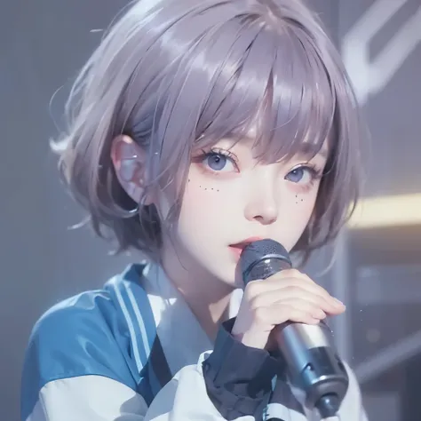 Masterpiece, best quality, 1girl, short hair, ash brown hair, rose gold eyes, singing, hold a microphone, wearing blue jacket, very detailed face, detailed