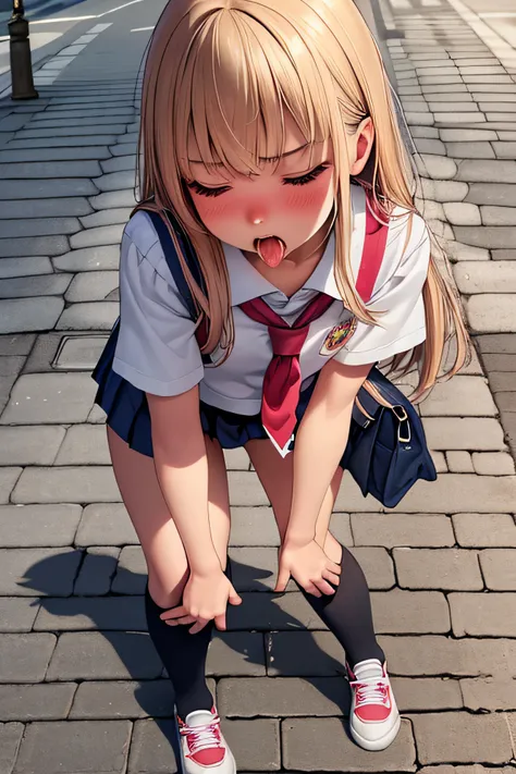 superfine illustration, Perfect Anatomy, Best Quality, Hires, amazing shading, Beautiful skin, 1 little girl, nose blush, Saliva, Ecstasy,  Close eyes, ,School Uniforms ,  Full body, SEX, Opening Mouth, touches crotch, (Rubbing the crotch with your hands:1...