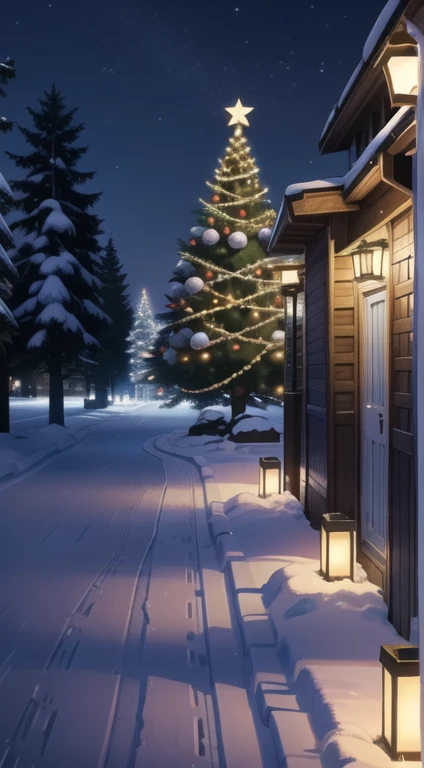 Christmas, Winter season, scenery, snow and pine trees on the streets. neiborhood. Christmas lights at night.