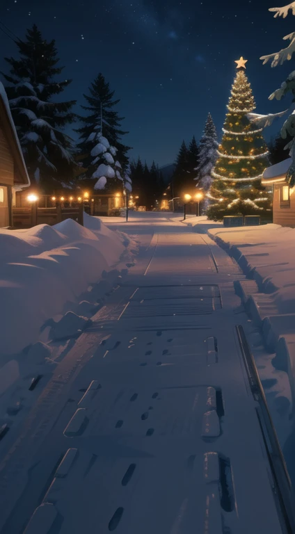 Christmas, Winter season, scenery, snow and pine trees on the streets. neiborhood. Christmas lights at night.