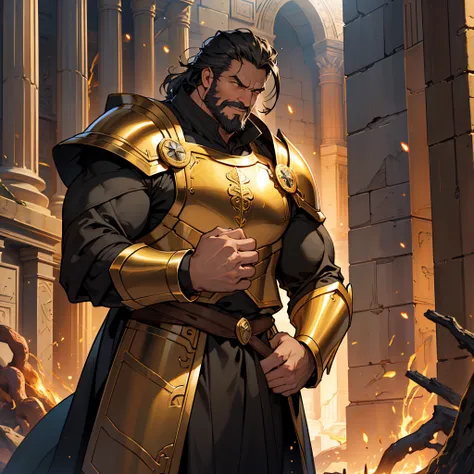 ​masterpiece, Best Quality, 4k, Background with:Pantheon with flowing lava, big old man......., humorous expression, knight of seville,yellow grade armor, long black coat, Sparks fly