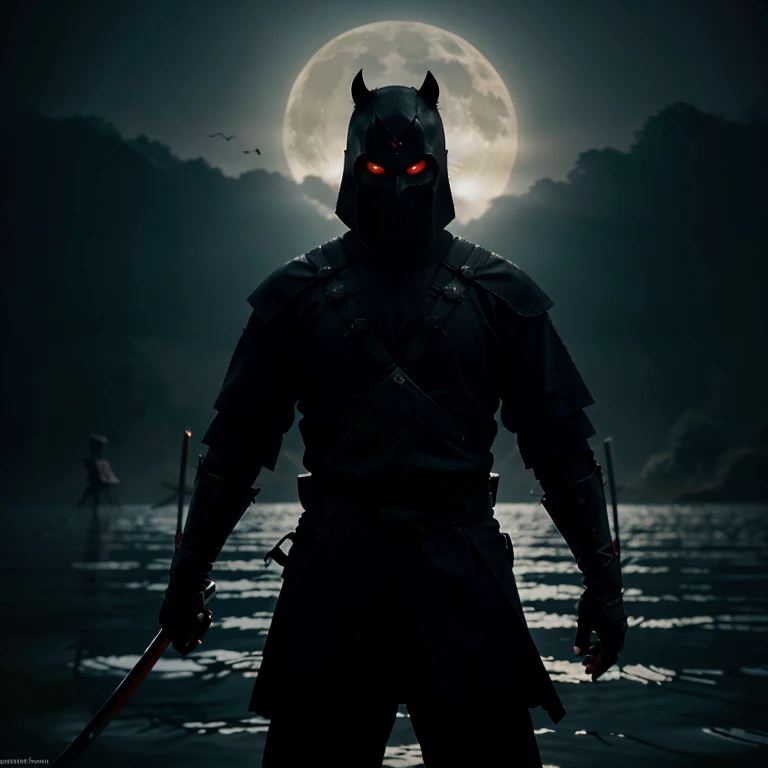 A lone samurai walks through the shallow waters of a dimly lit lake, holding katanas in hand. The atmosphere is ominous, with the only source of illumination being the haunting reflection of a blue moon casting an eerie glow upon the samurai&#39;The silhou...