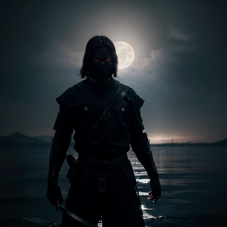 A lone samurai walks through the shallow waters of a dimly lit lake, holding katanas in hand. The atmosphere is ominous, with the only source of illumination being the haunting reflection of a blue moon casting an eerie glow upon the samurai&#39;The silhou...