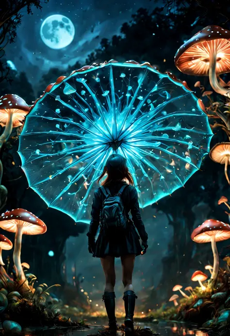 by Naoki Urasawa, (Bioluminescent Mushroom:1.4) shape umbrella, 1girl, load, moon, ultra-wide-angle, octane render, enhance, intricate, (best quality, masterpiece, Representative work, official art, Professional, unity 8k wallpaper:1.3)