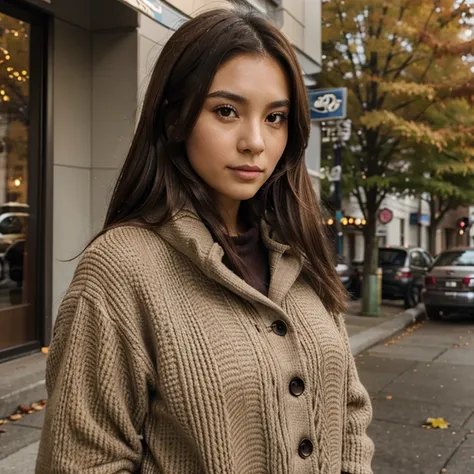 26 year old woman with medium brown hair oriental eyes dressed in autumn clothes in seattle