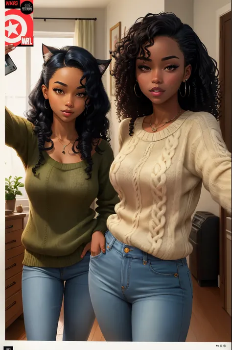 marvel comic panel, white background darkskin girl with long black curly 4b curls and sharp cat like dark brown almost red eyes. shes wearing a oversized olive green knit sweater and light washed baggy jeans marvel comic panel, she’s in her dark colored go...